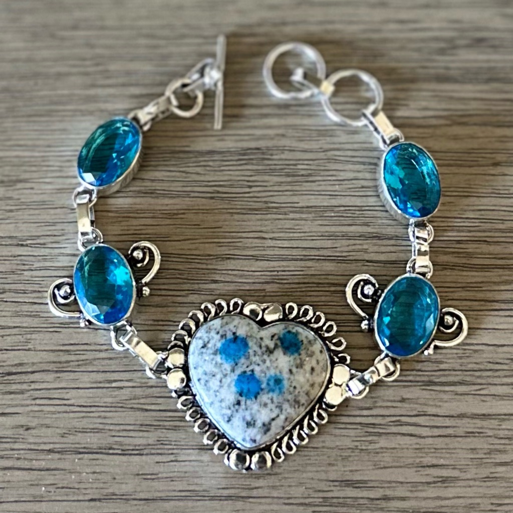 0370 K2 Stone Blue Topaz Heart Bracelet Handmade Silver Gemstone Jewelry